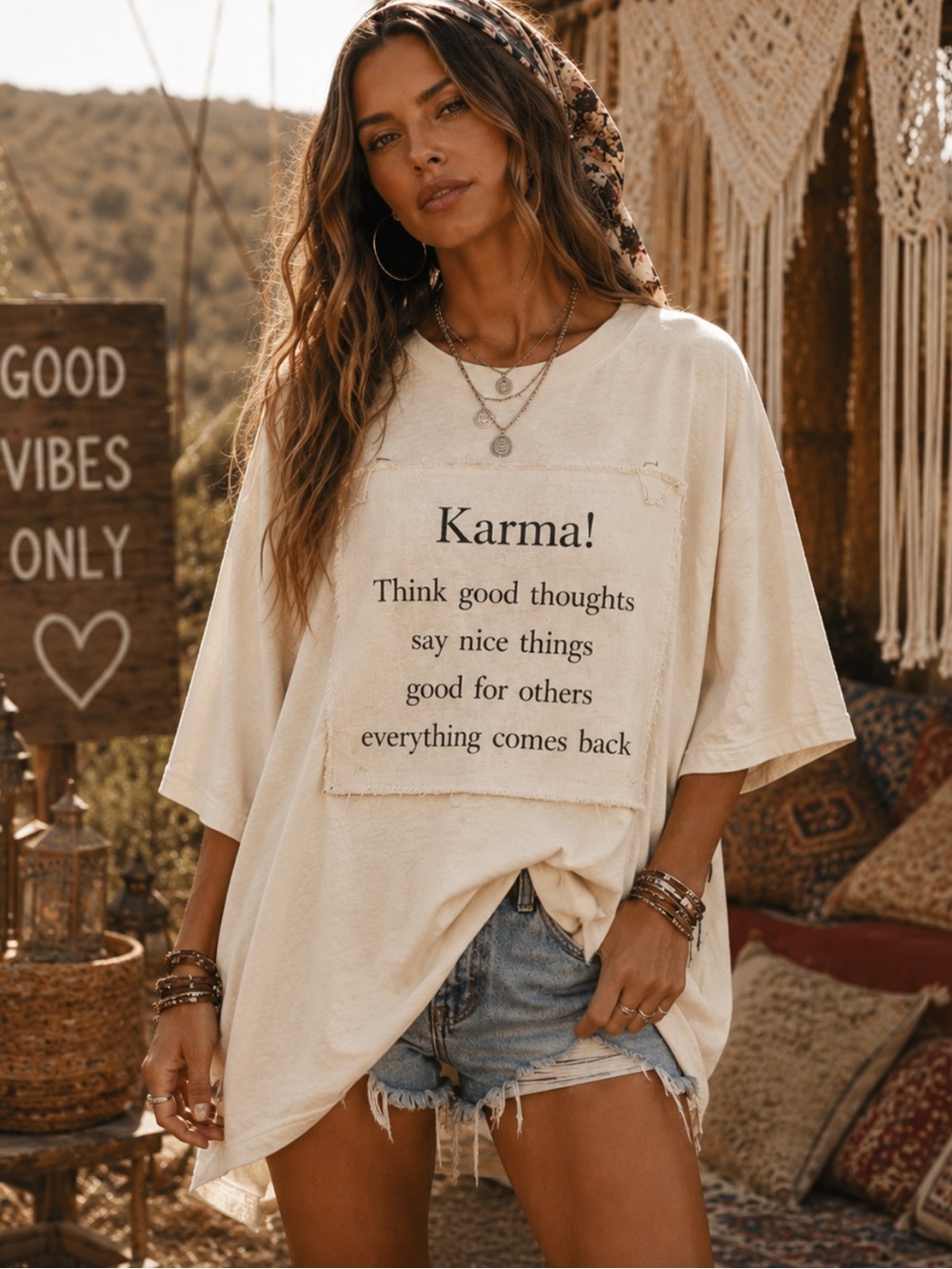 I LOVE LINEN Karma! Graphic DISTRESSED Tee in Cream